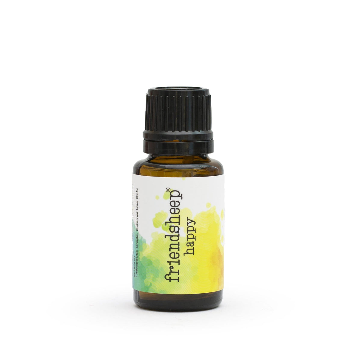 Happy essential oil blend bottle with black dropper cap