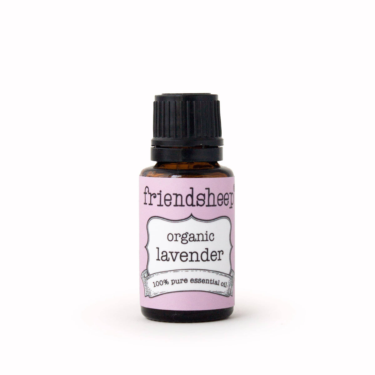 Lavender organic essential oil bottle, amber glass, black cap; friendsheep organic lavender label