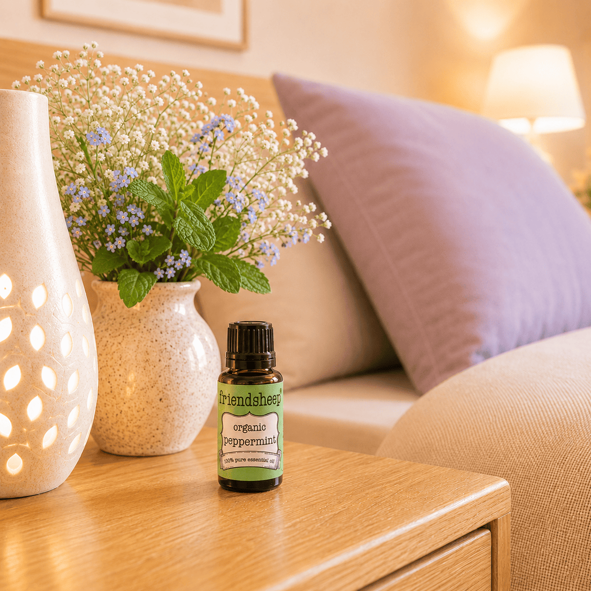 Organic peppermint essential oil bottle on wooden surface beside vase of flowers and mint