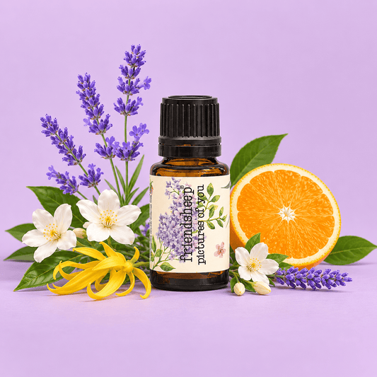 Essential oil bottle with lavender sprigs, white flowers, and orange slice