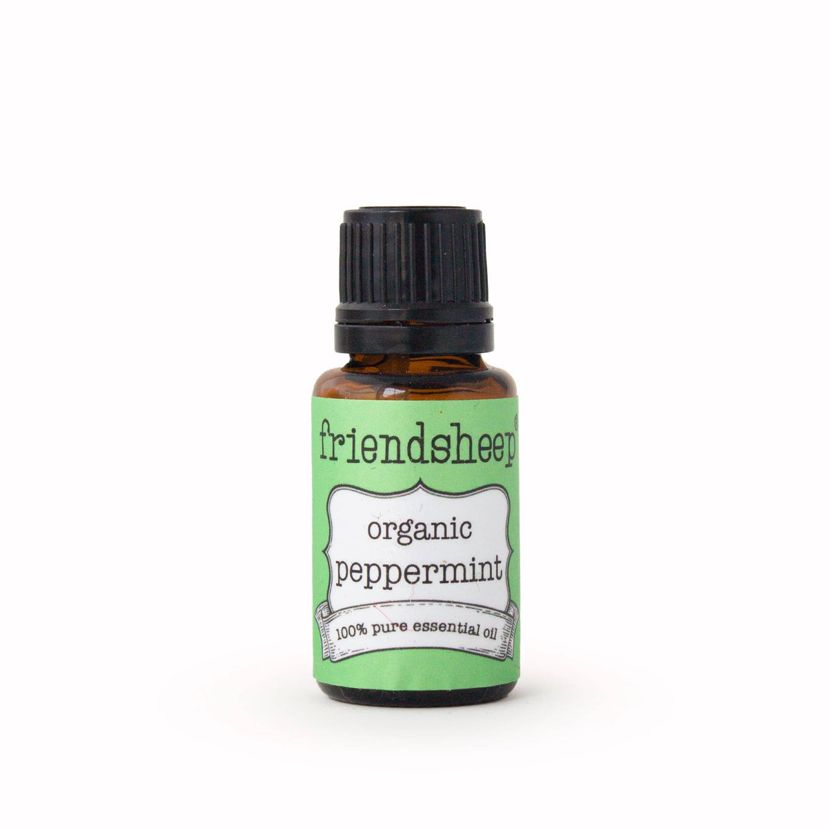 Organic peppermint essential oil bottle with black cap and green label