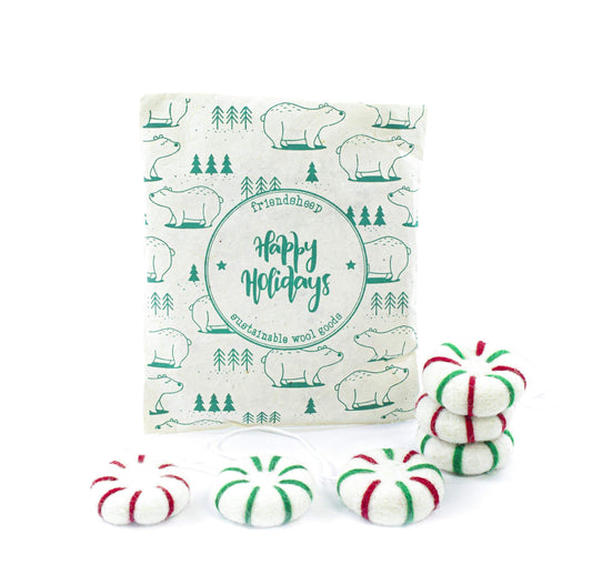 Set of 6 white felt peppermint air-freshener ornaments with green and red striped centers