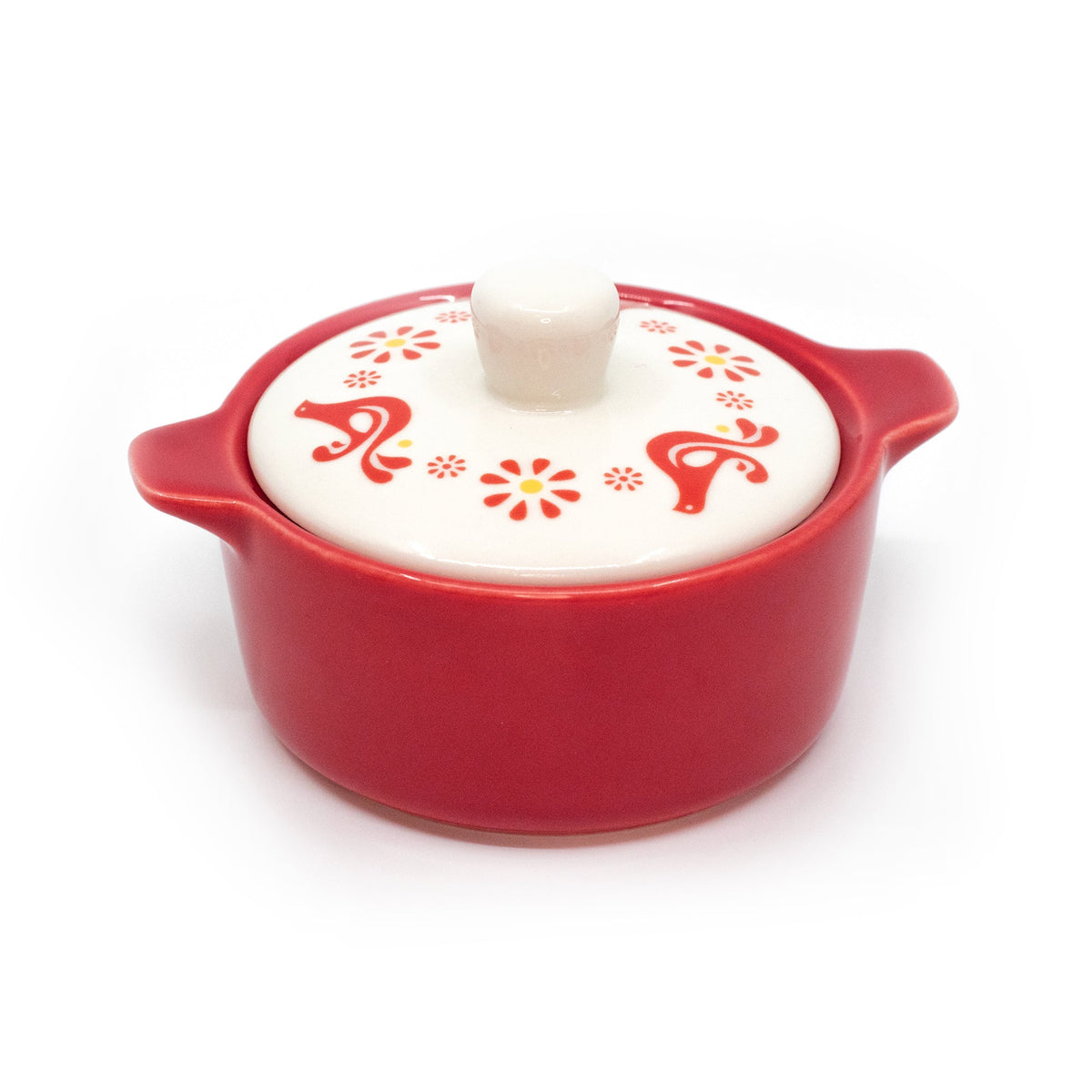 Red ceramic casserole trinket box with white lid, red motif pattern, lid knob on top.