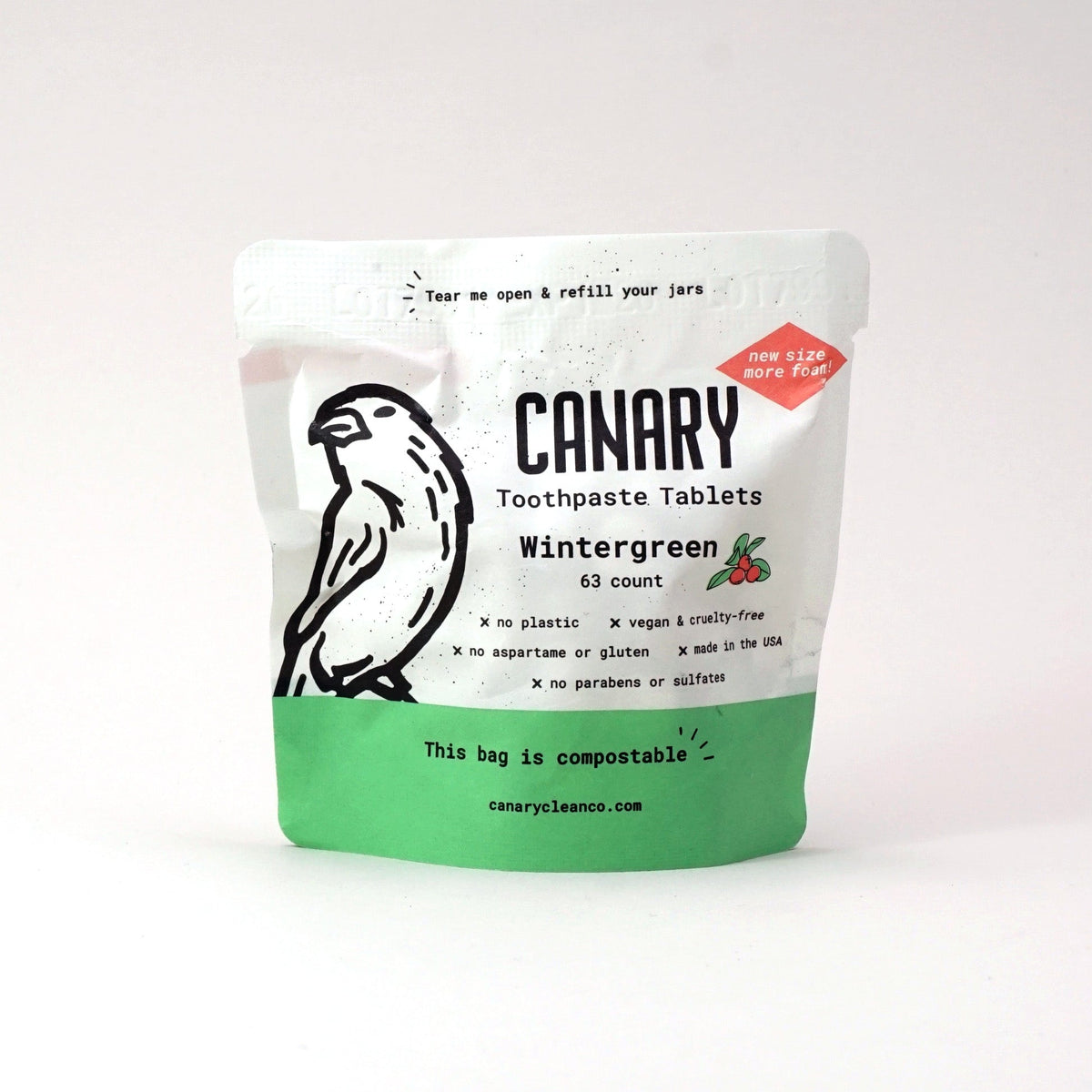 Canary Wintergreen toothpaste tablets in a compostable refill pouch, 63 count