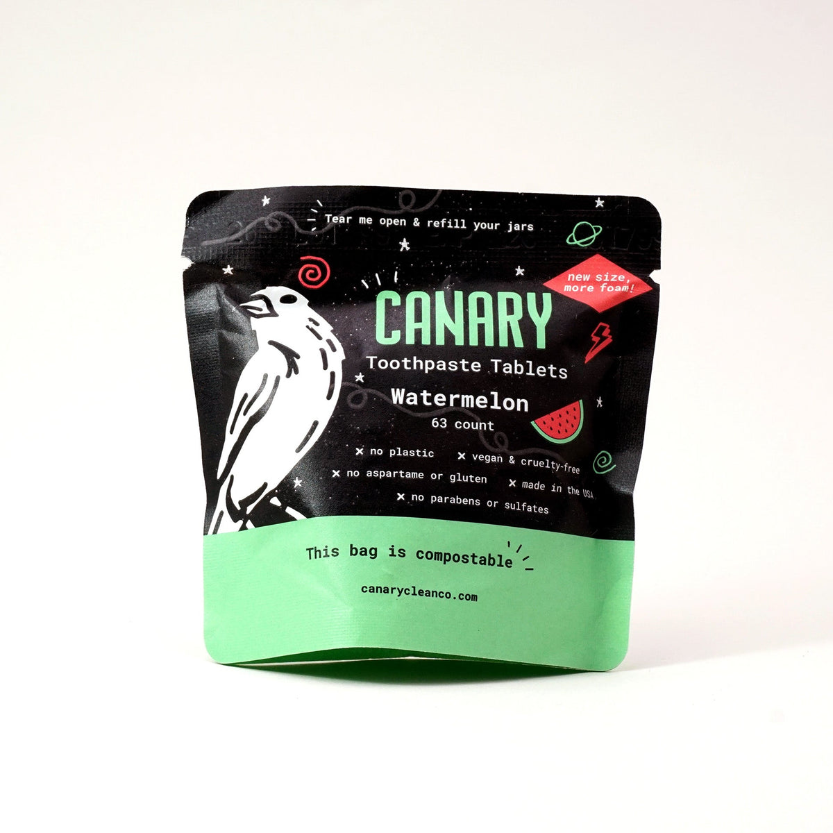 Compostable pouch of Canary watermelon toothpaste tablets, 63 count.