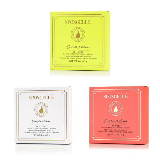 SPONGELLE boxed flower cleanser in lime green, with front label and net weight