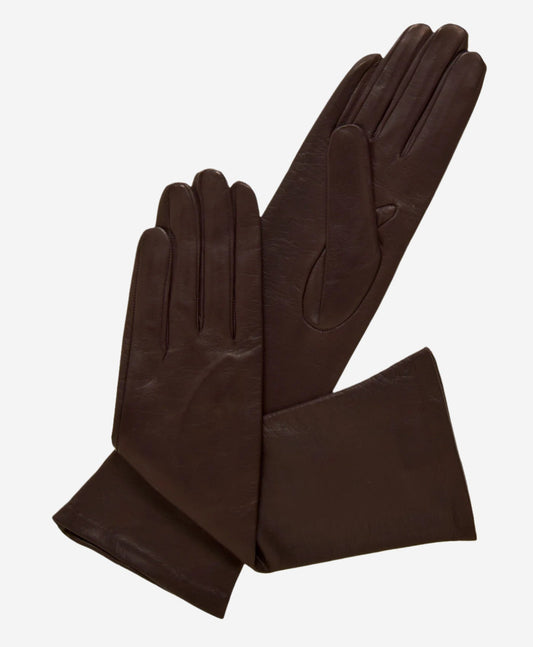 Elena (brown) - Italian silk lined 6-button length leather opera gloves