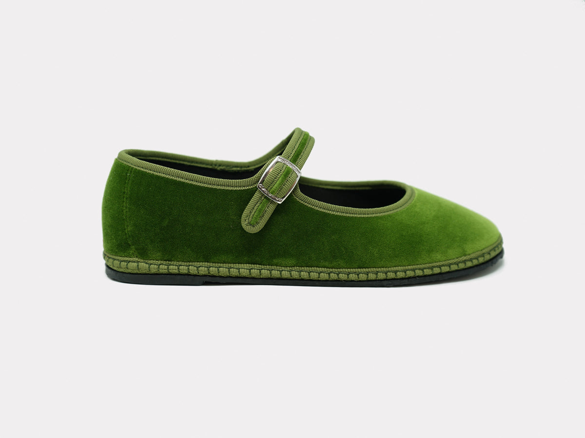 Sage green Mary Jane flats with small buckle strap and round toe
