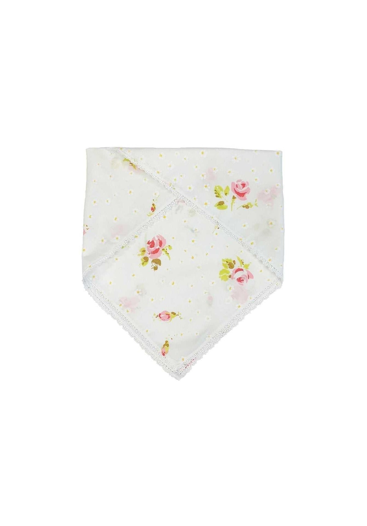 White floral face bandana with rose print and small buds, triangular shape
