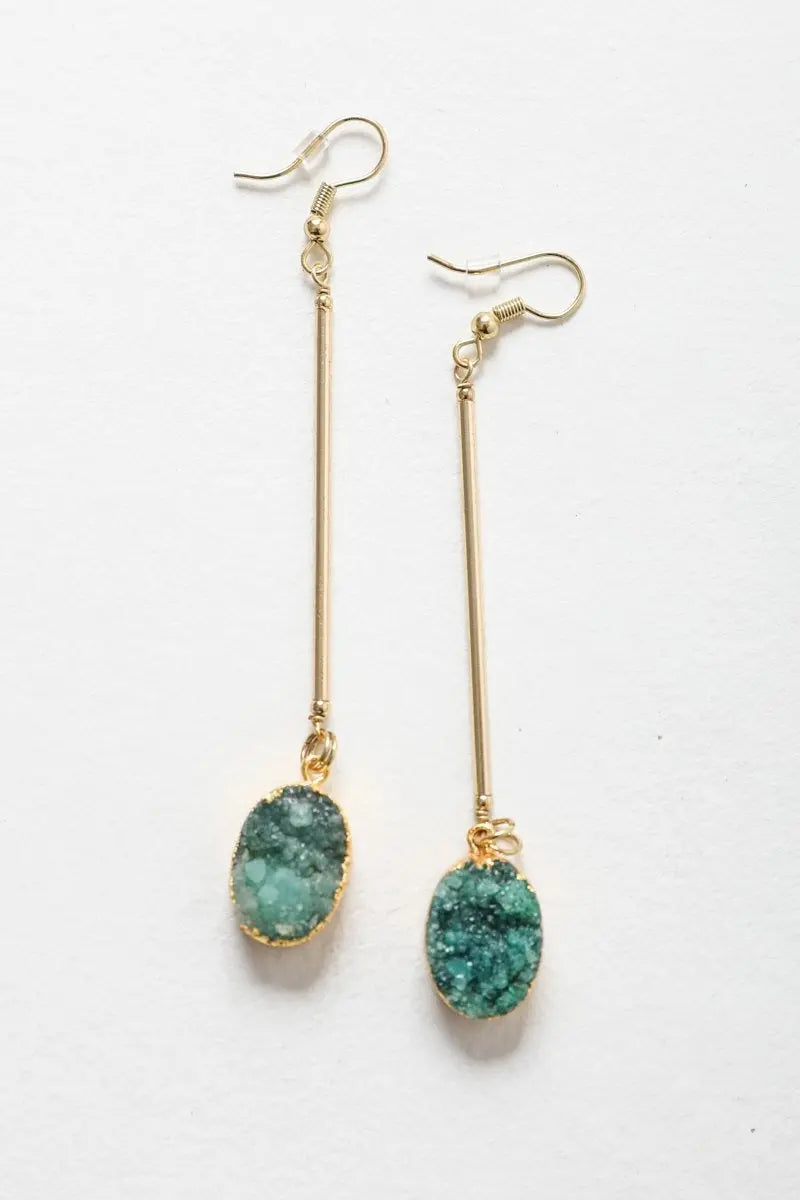 Gold-tone drop earrings with teal oval gemstone on thin bar dangles