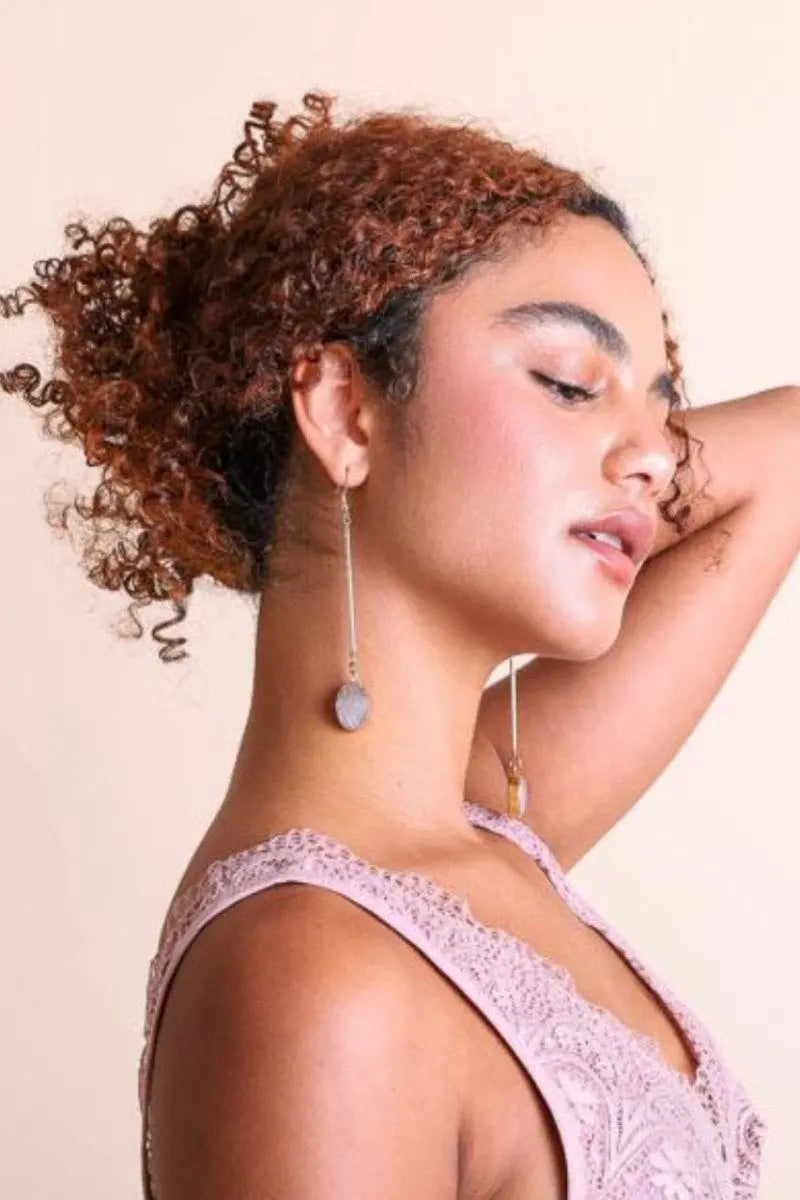 Gold-tone gemstone drop earrings with round gray stone and thin lever hooks
