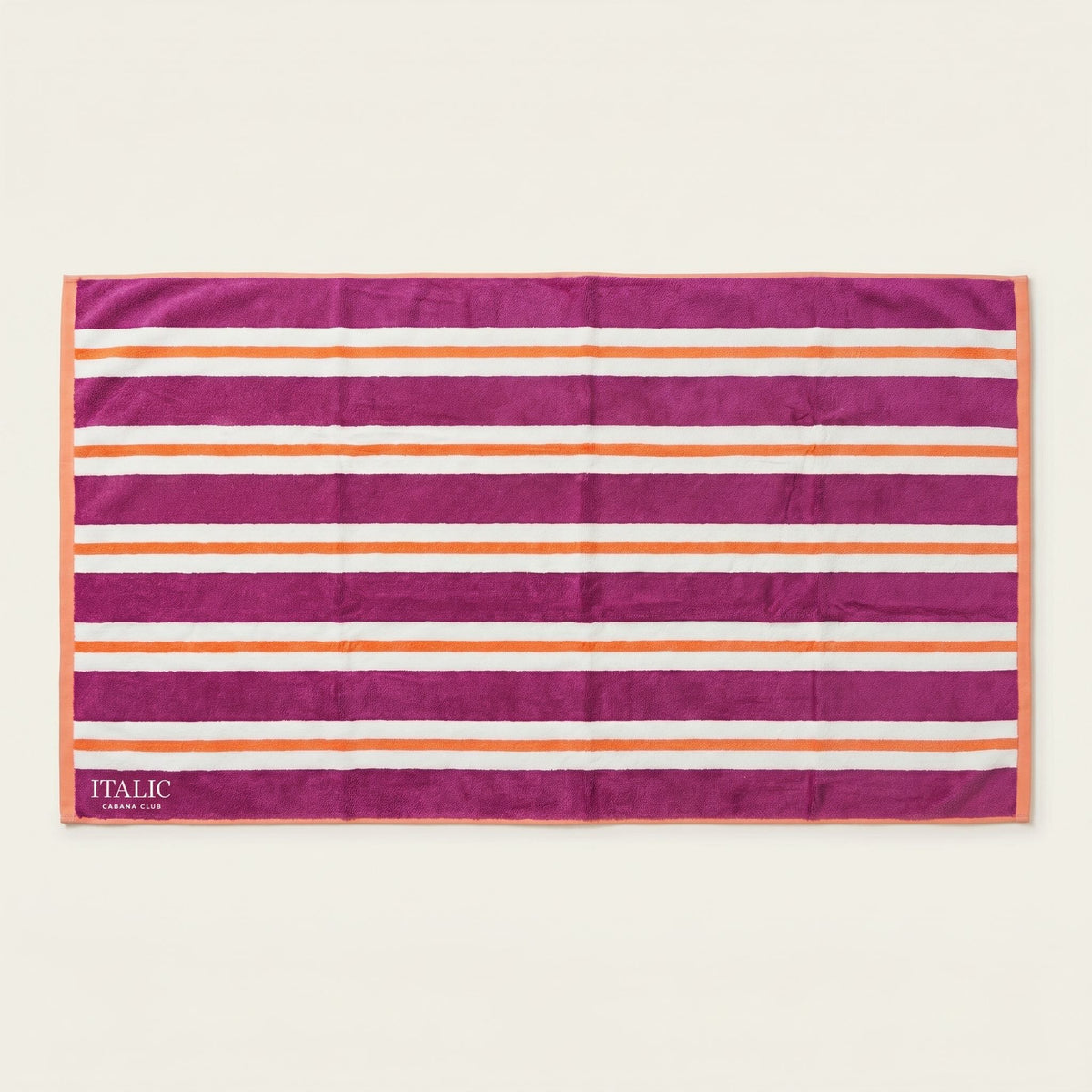 Burgundy and white striped cotton beach towel with orange border and ITALIC label