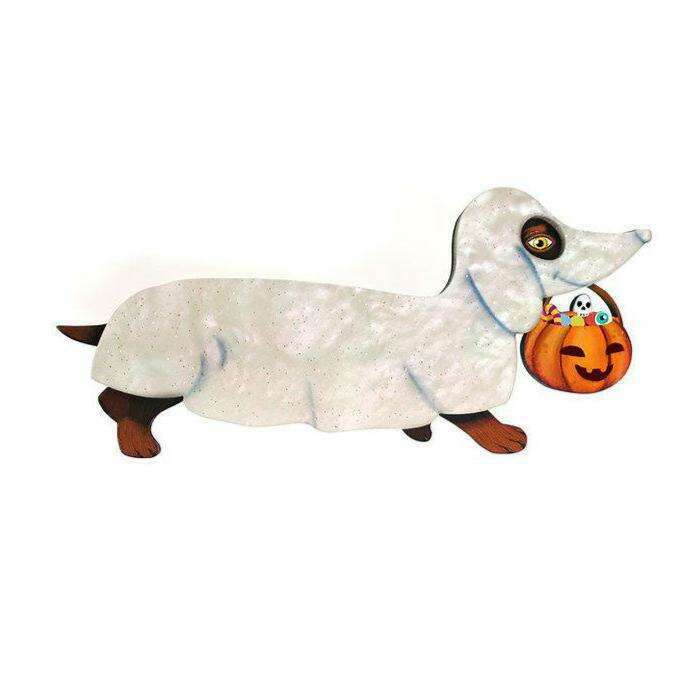 Ghost dachshund enamel brooch with pumpkin charm and silver pin