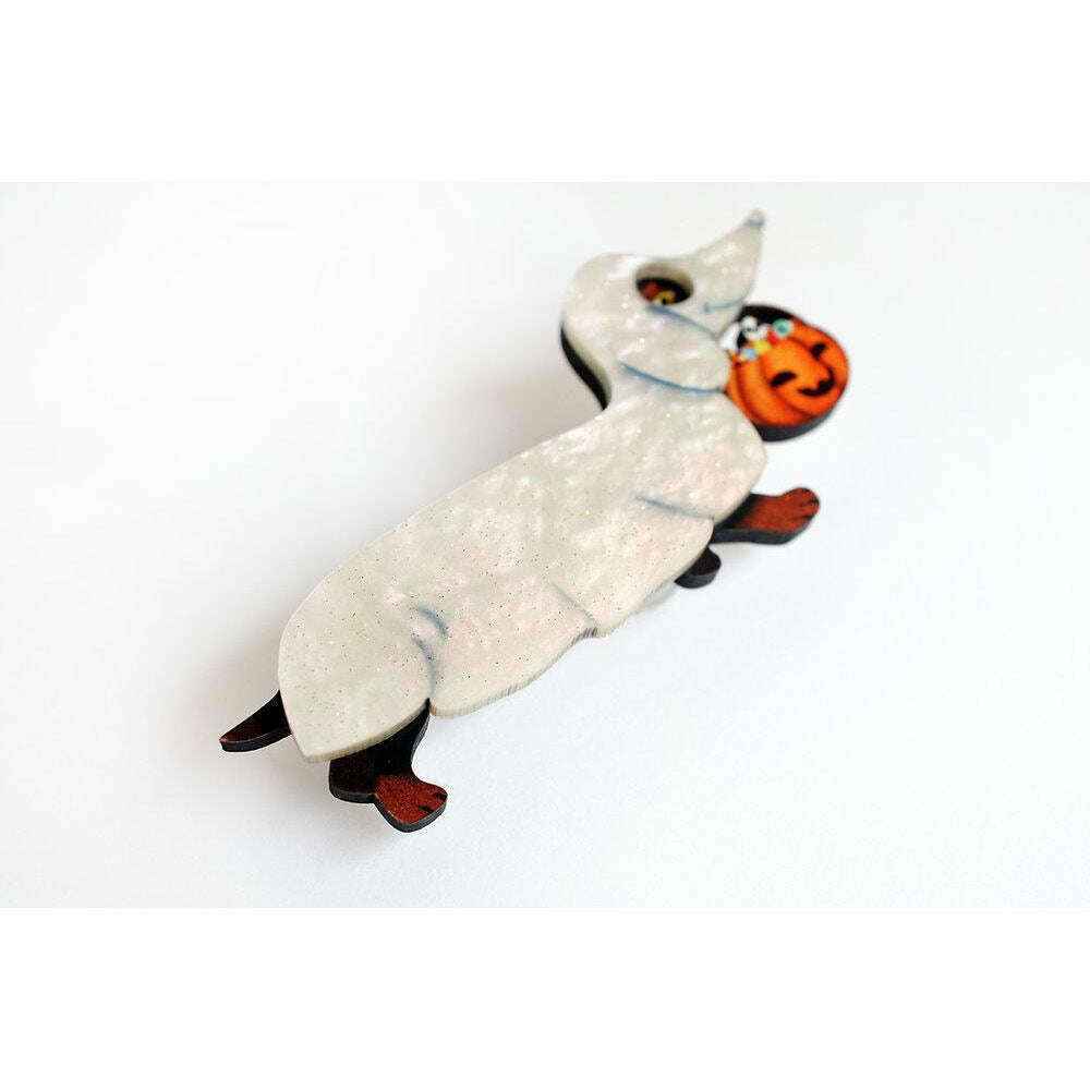 Ghost dachshund brooch with orange pumpkin charm and silver pin