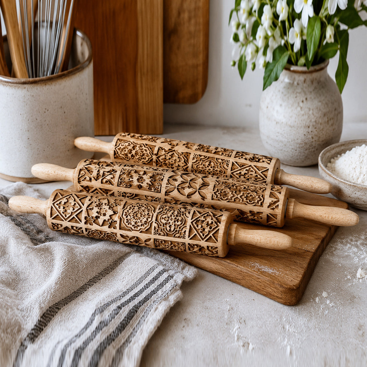Wooden rolling pins with ornate dark brown lattice and medallion patterns