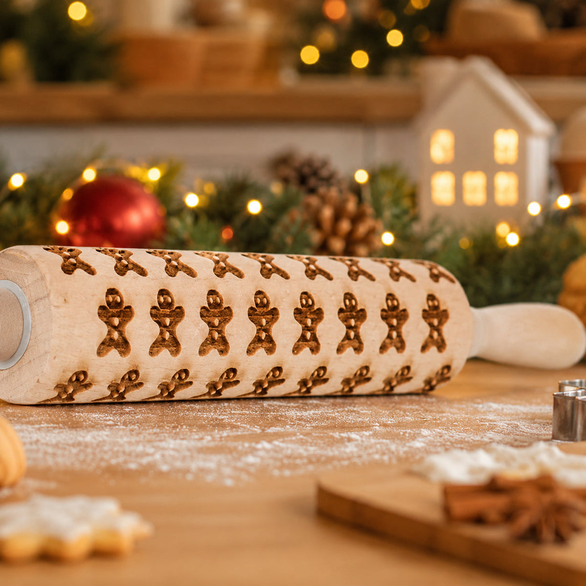 Close-up rolling pin barrel with small gingerbread and candy-cane style patterns