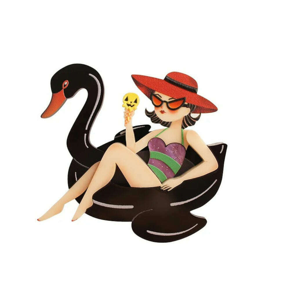 Girl on swan float brooch: black swan with girl in red hat and striped details