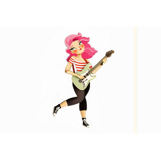 Enamel brooch of a girl playing electric bass, pink hair and striped shirt