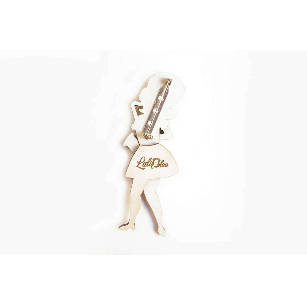 Saxophone girl brooch back with pin clasp, Laliblue logo, silver-tone outline.