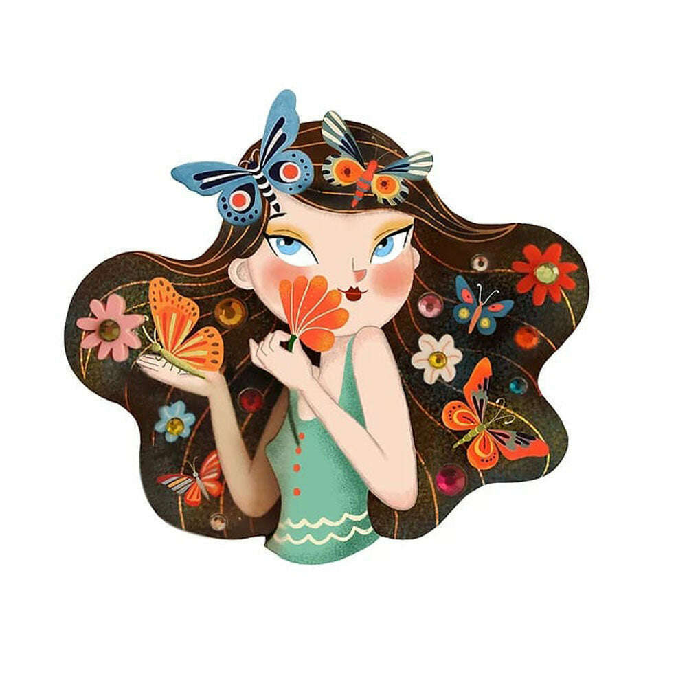 Butterfly girl brooch with teal dress, dark hair, colorful butterflies and flowers