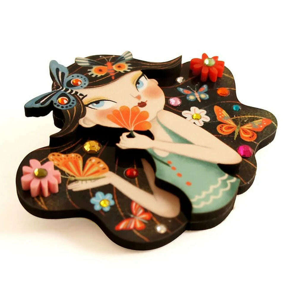 Butterfly girl brooch in teal dress, side view with red flower and butterflies