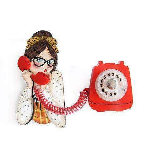 Girl phone collar clip brooch with red rotary telephone and smiling glasses