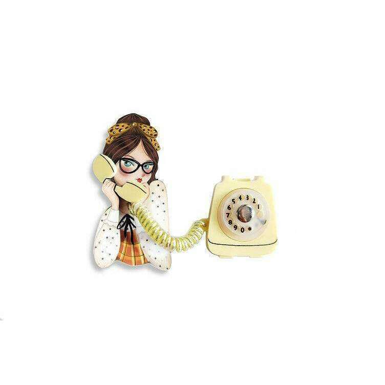 Girl phone collar clip brooch with yellow rotary telephone, green cord, and glasses