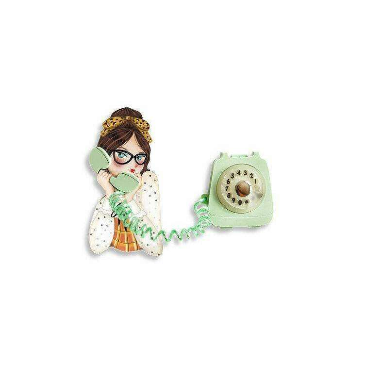 Girl phone collar clip brooch with green rotary telephone and curly green cord