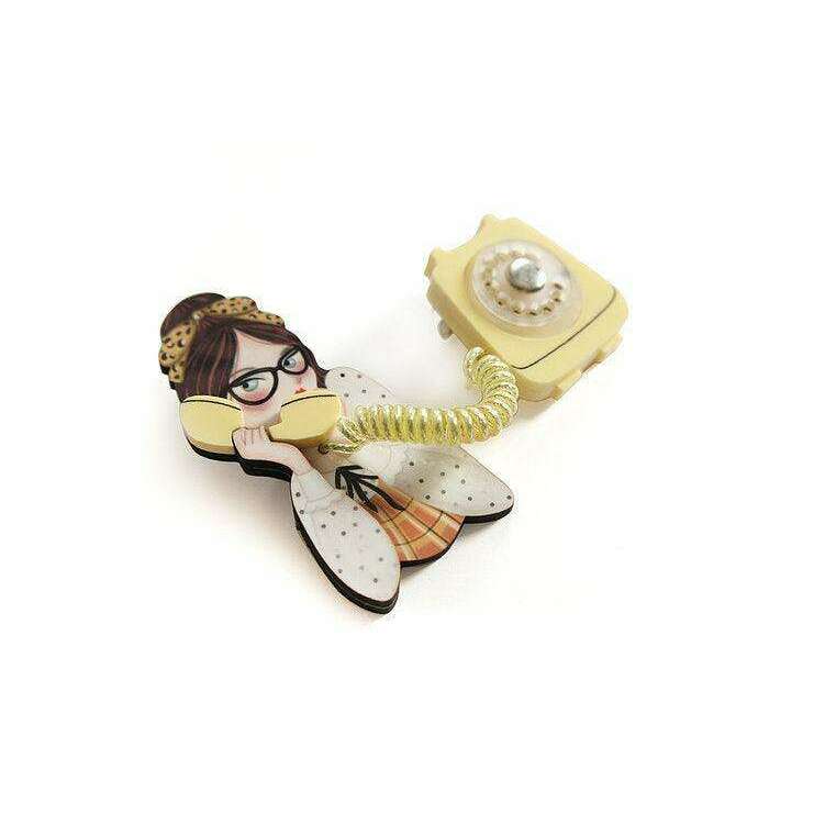 Girl phone collar clip brooch with cream rotary telephone and pale yellow cord