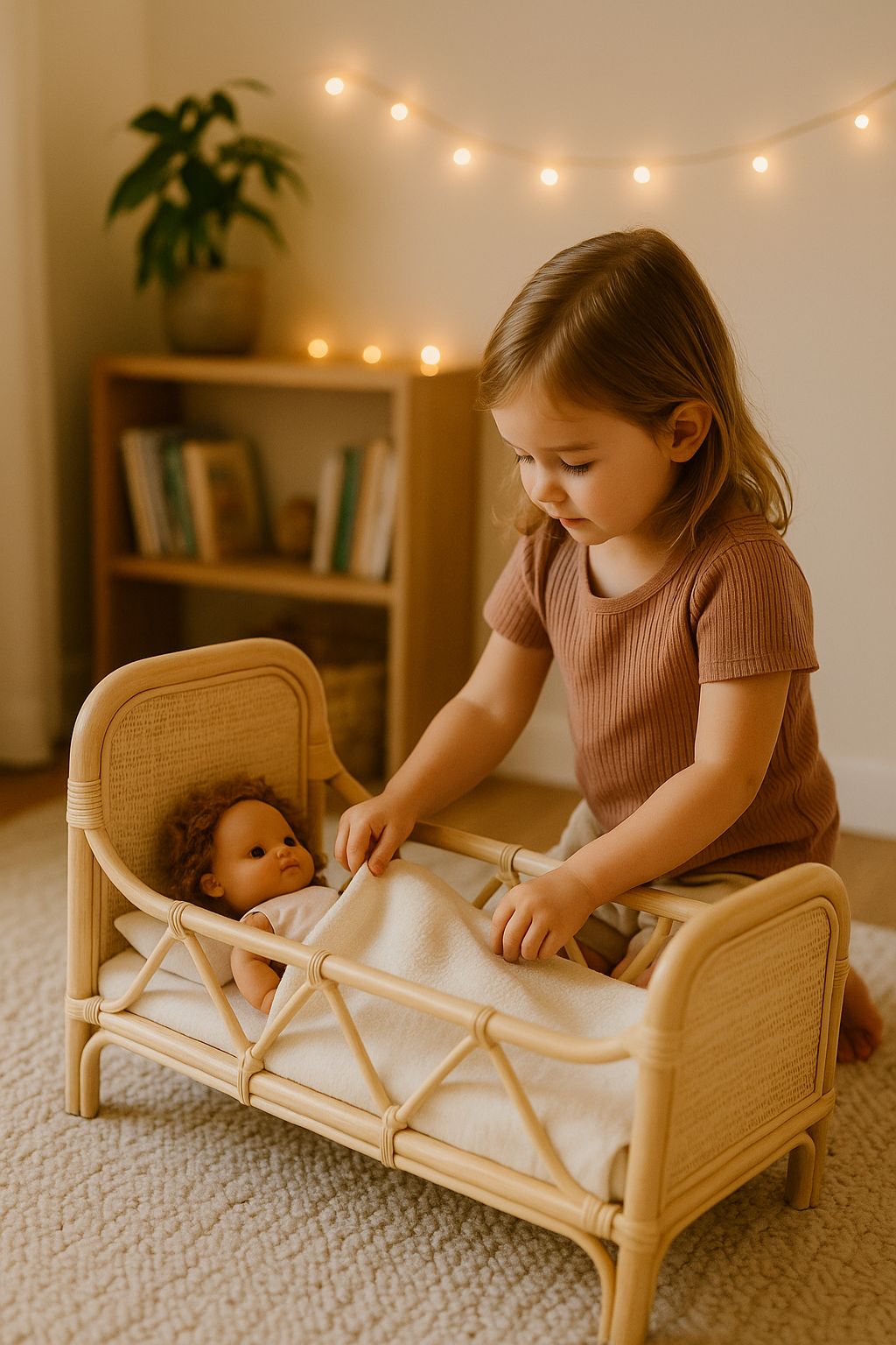 Natural rattan doll bed with a doll and blanket