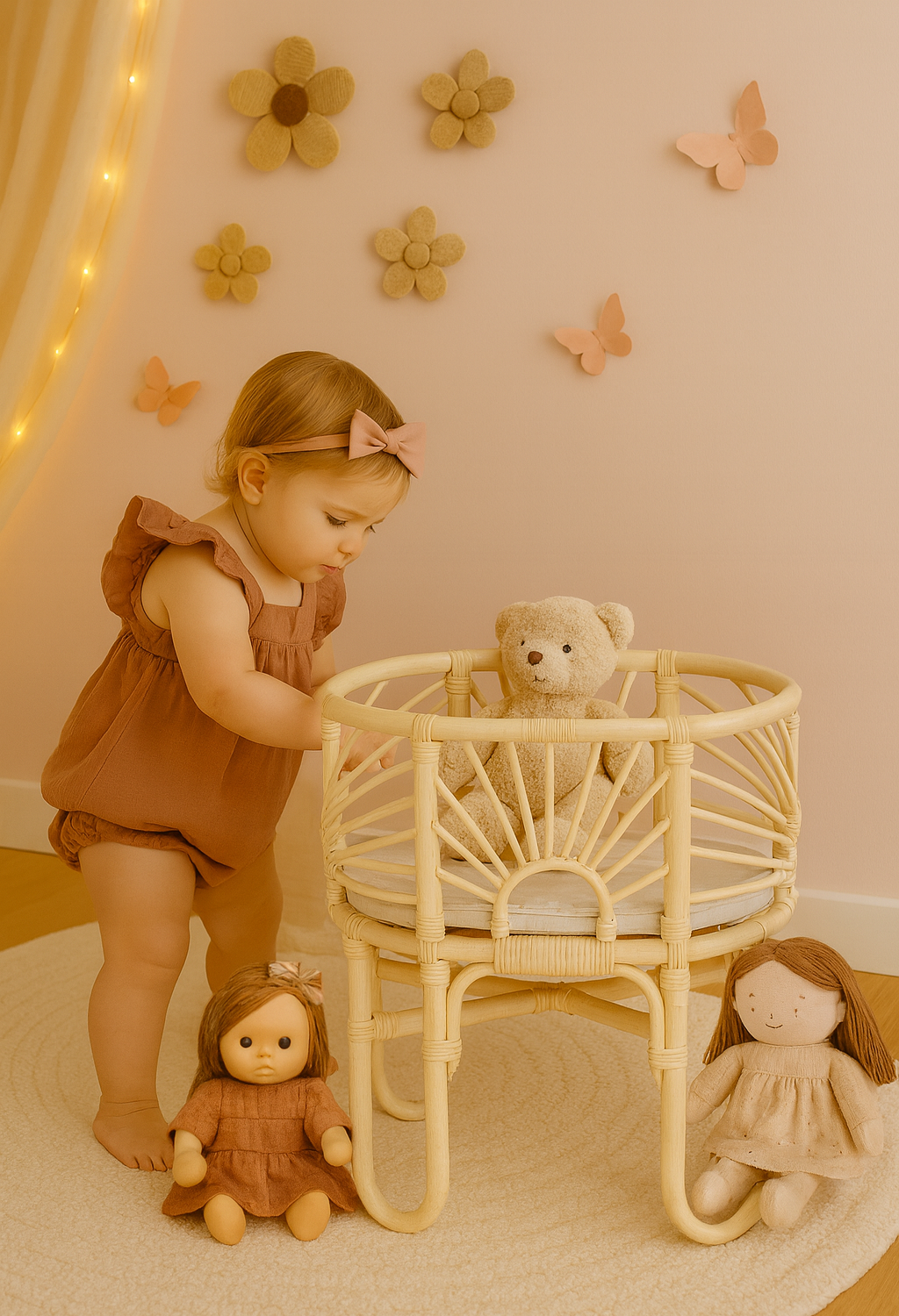 Handmade toy bassinet with woven rattan-style frame and curved legs
