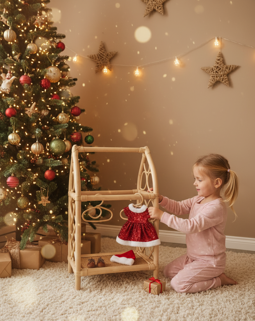 Natural rattan doll clothes rack with mini hangers and a red dress hanging inside