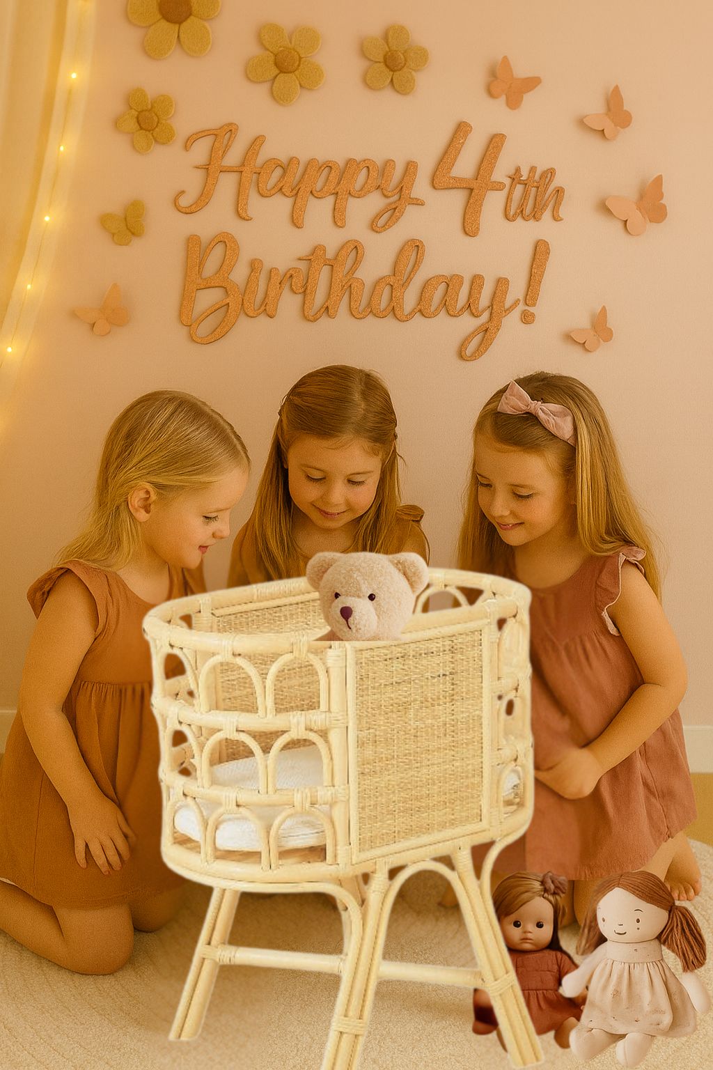 Natural rattan doll crib with open arched sides and woven panels, holding a teddy bear