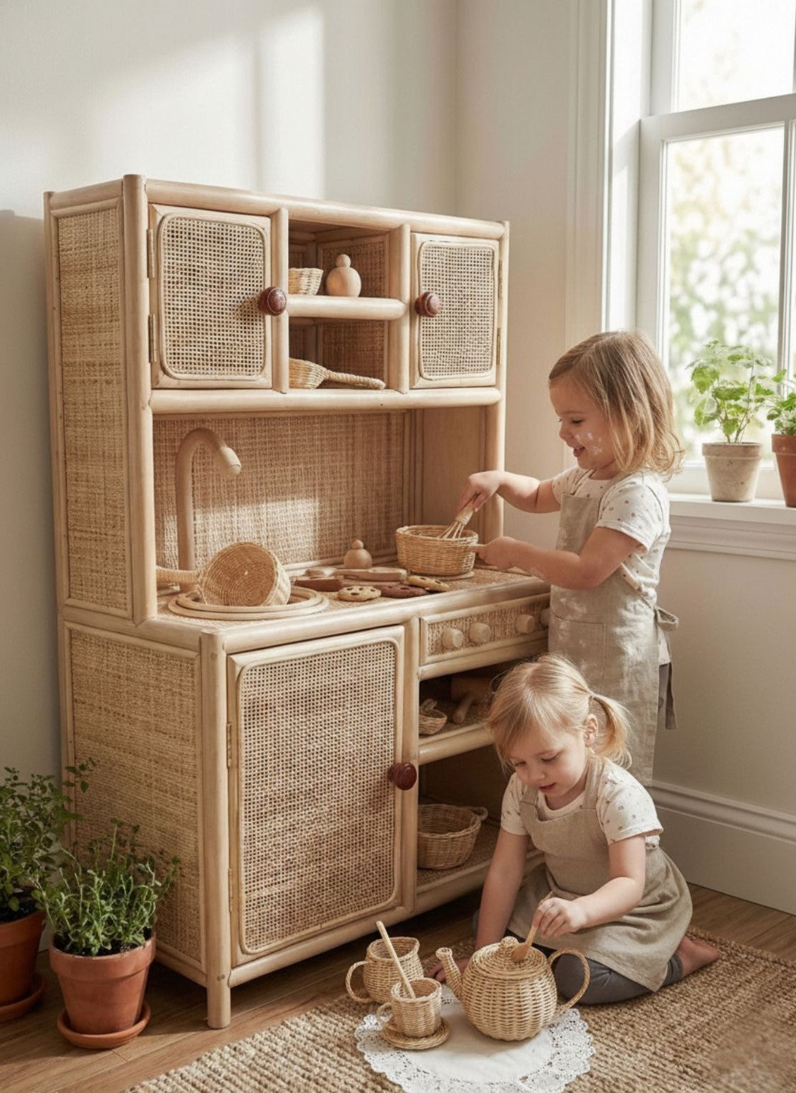 Wicker tea party set being used by children, with teapot, cups and saucers