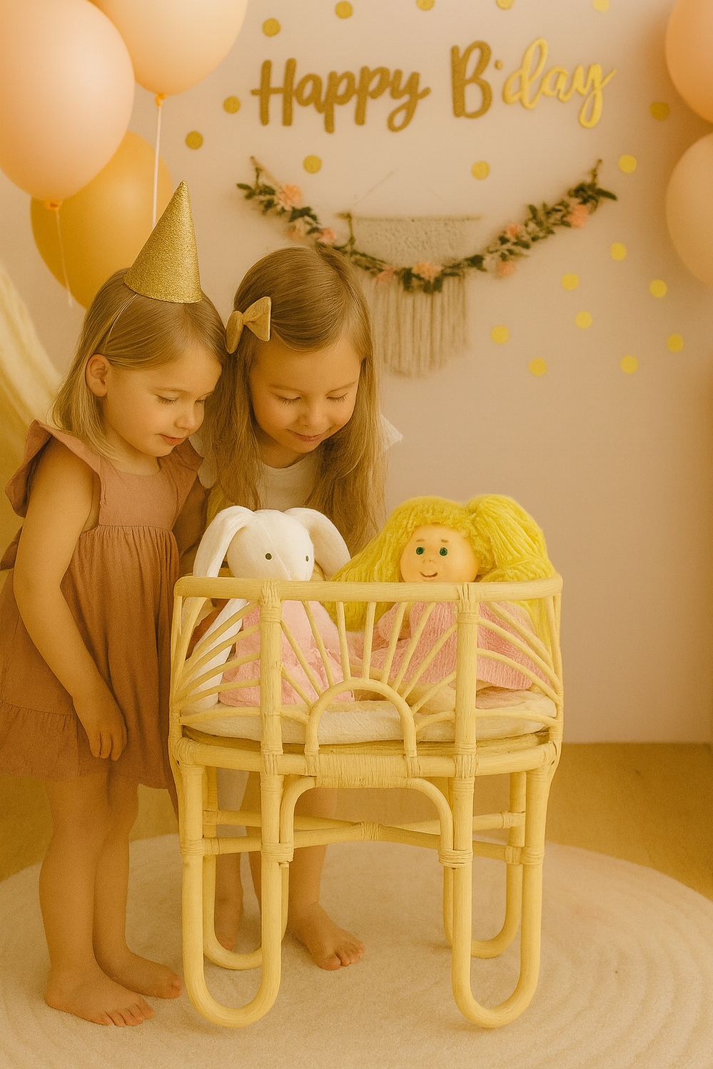 Woven toy bassinet holding two dolls