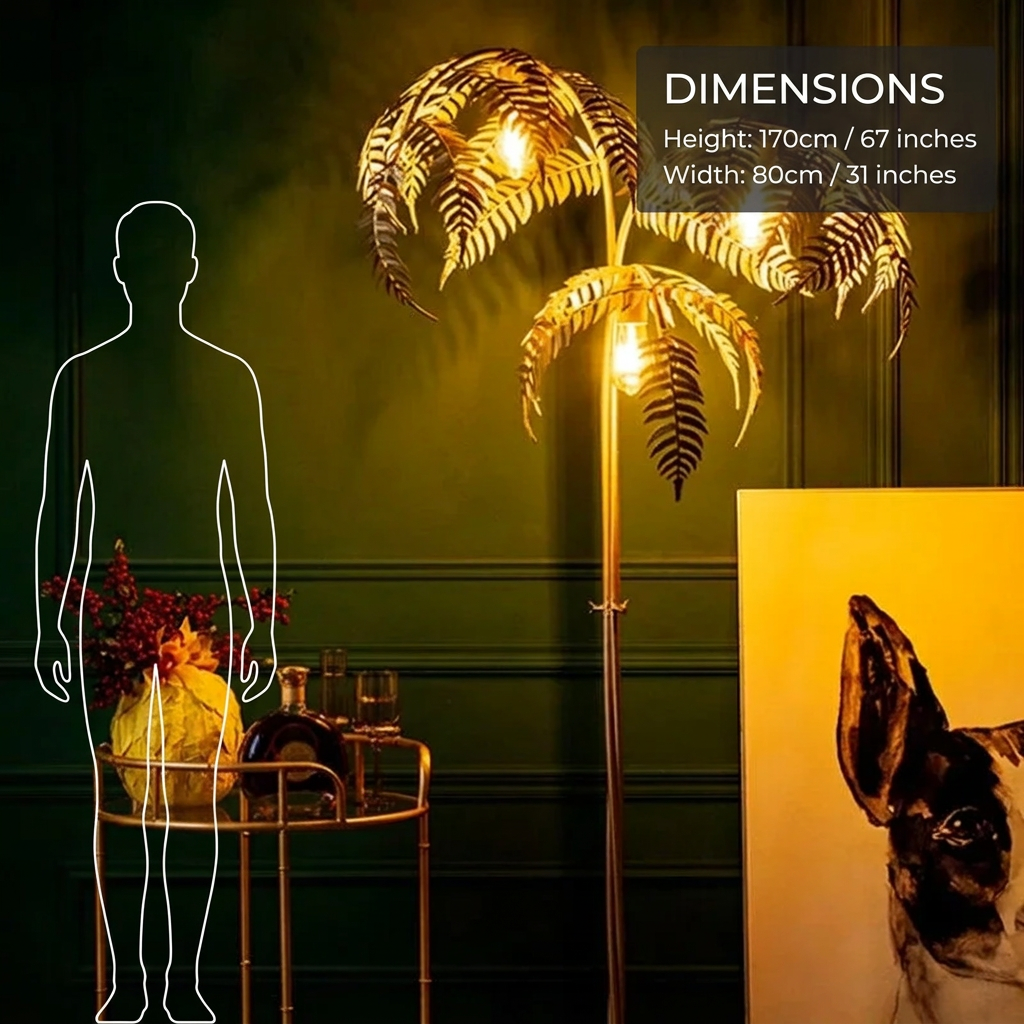 Gold palm tree floor lamp with three frond-shaped lights; 67 inches tall and 31 inches wide