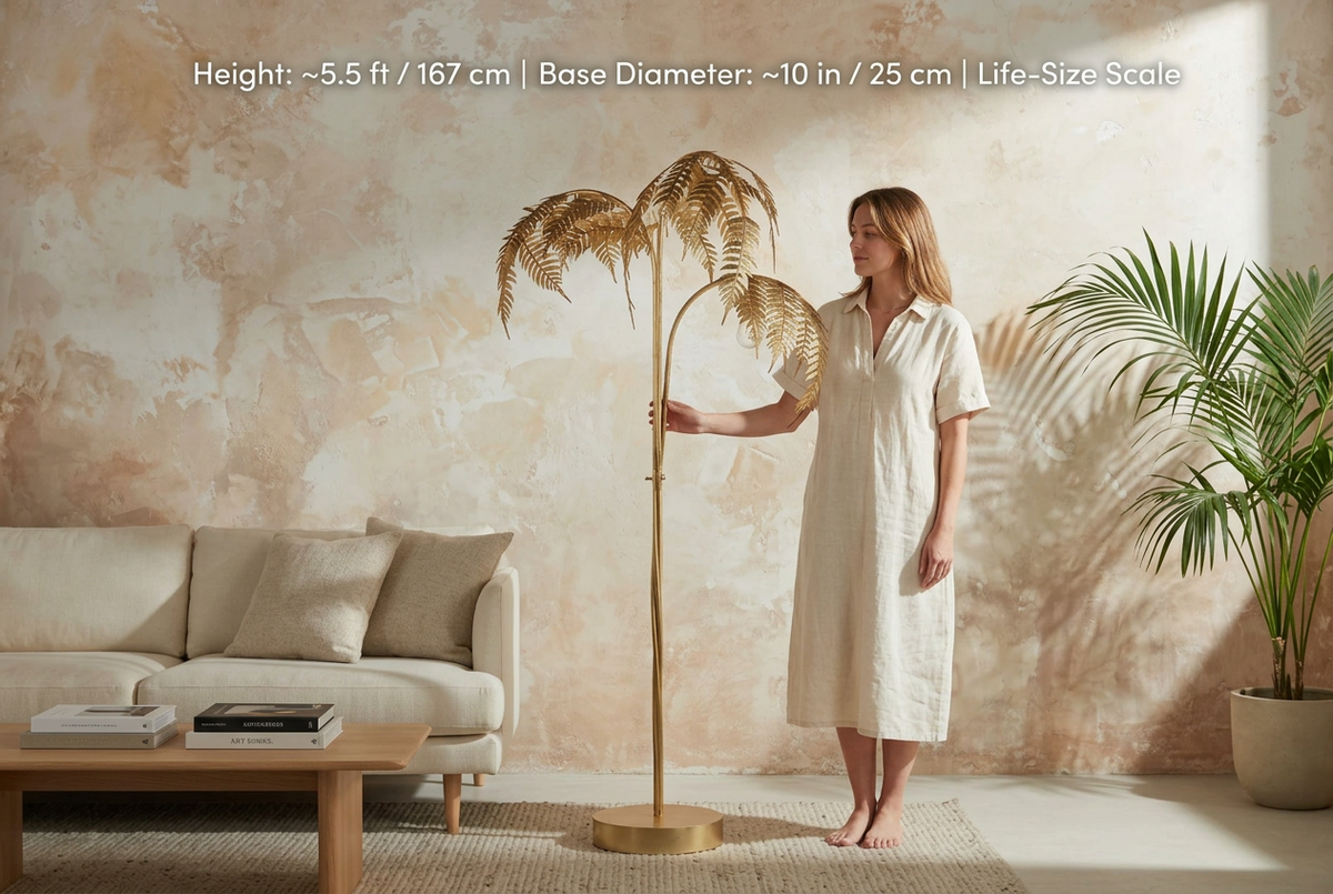 Gold palm tree floor lamp, about 5.5 feet tall, shown beside a person