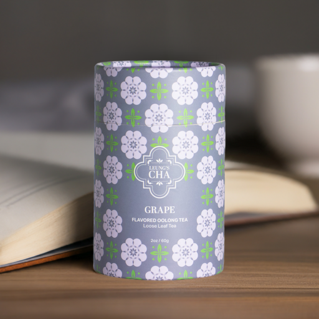 Flavored oolong tea canister in purple with white and green floral pattern