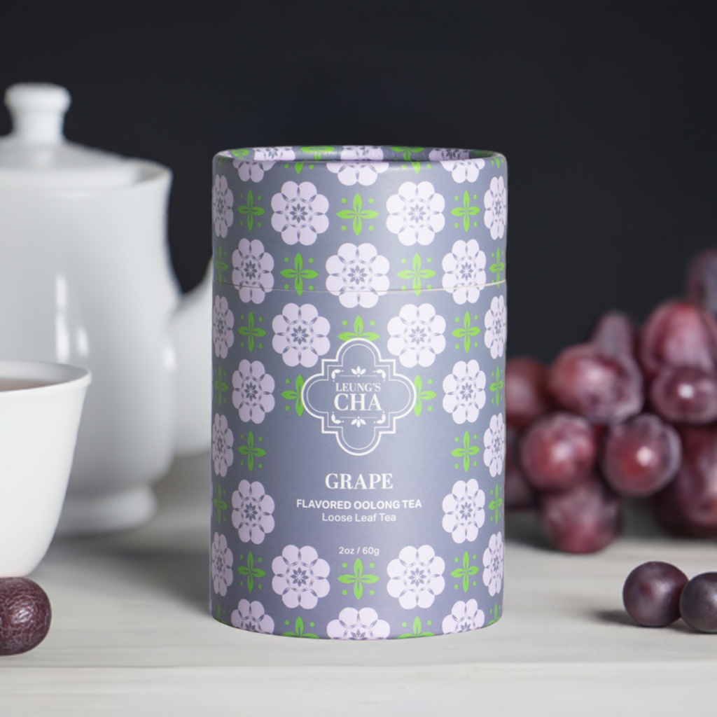 Flavored oolong tea canister with purple floral pattern and grape flavored oolong tea text