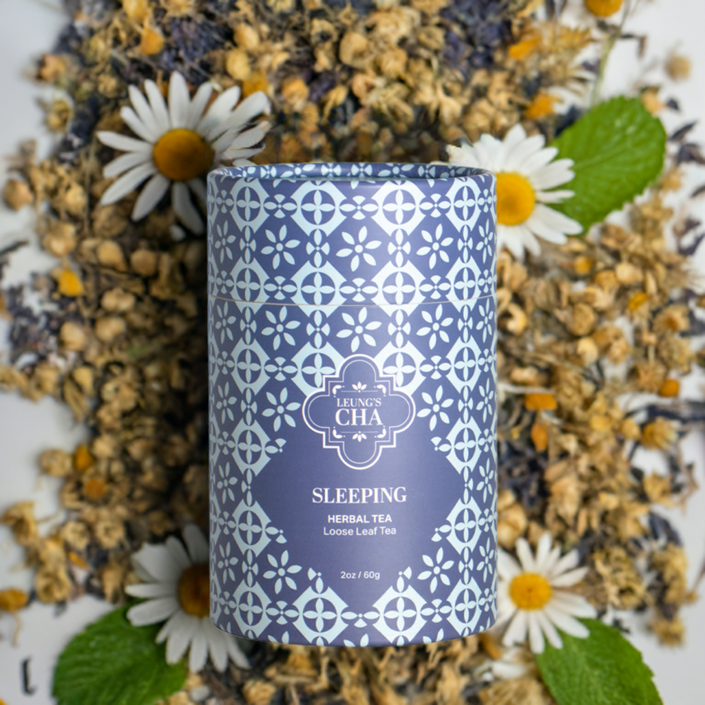 Blue patterned sleeping herbal tea tin front label with “Loose Leaf Tea”