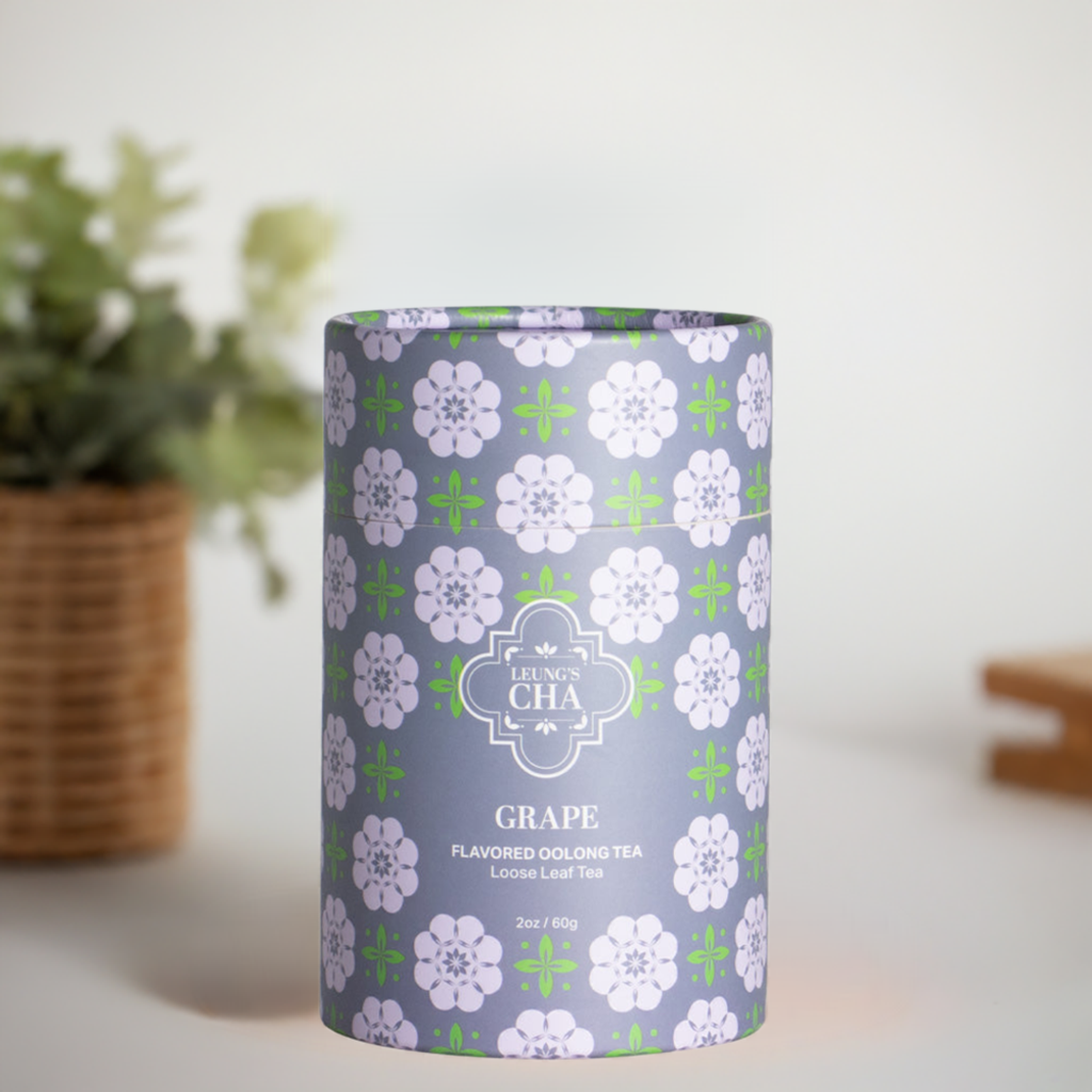 Flavored oolong tea canister, grape floral design with logo and grape oolong text