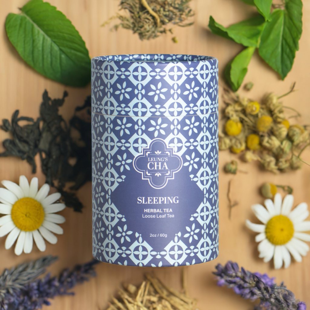 Blue patterned sleeping herbal tea tin with clover logo and “Herbal Tea” text