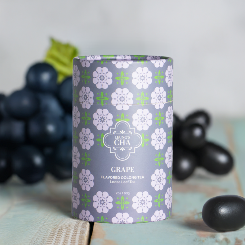 Flavored oolong tea canister, purple floral pattern with centered logo and grape label
