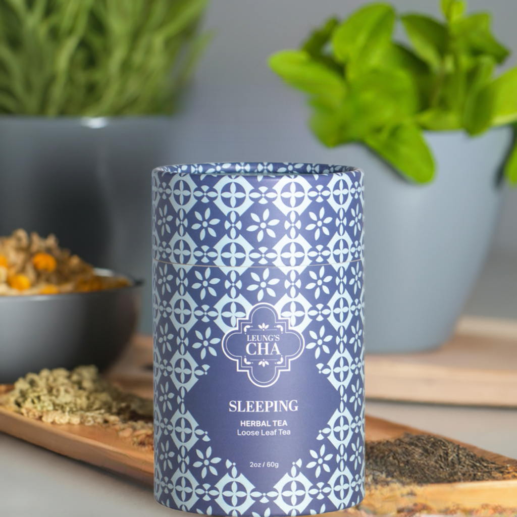 Blue patterned sleeping herbal tea tin with centered “Sleeping” label