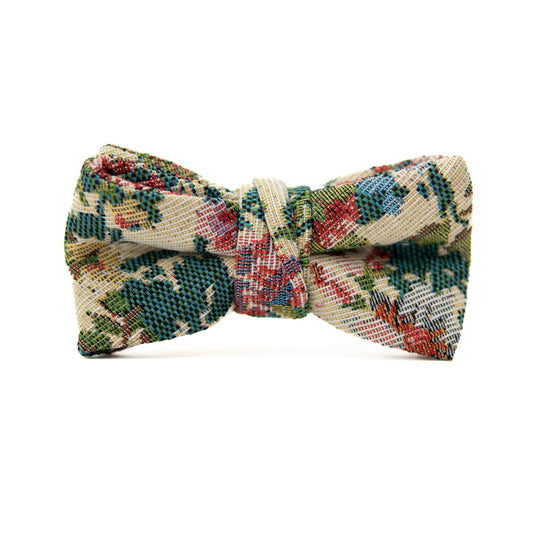 Boys bow tie in multicolor plaid patchwork: green, red, blue, cream.