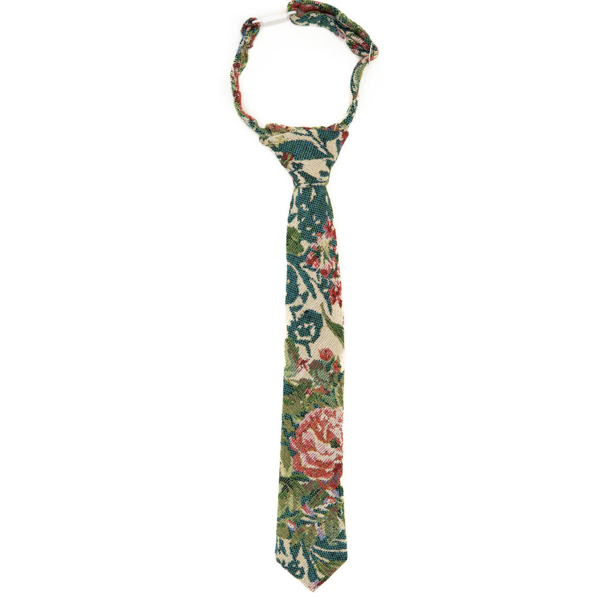 Boys necktie with green floral patchwork pattern and woven texture