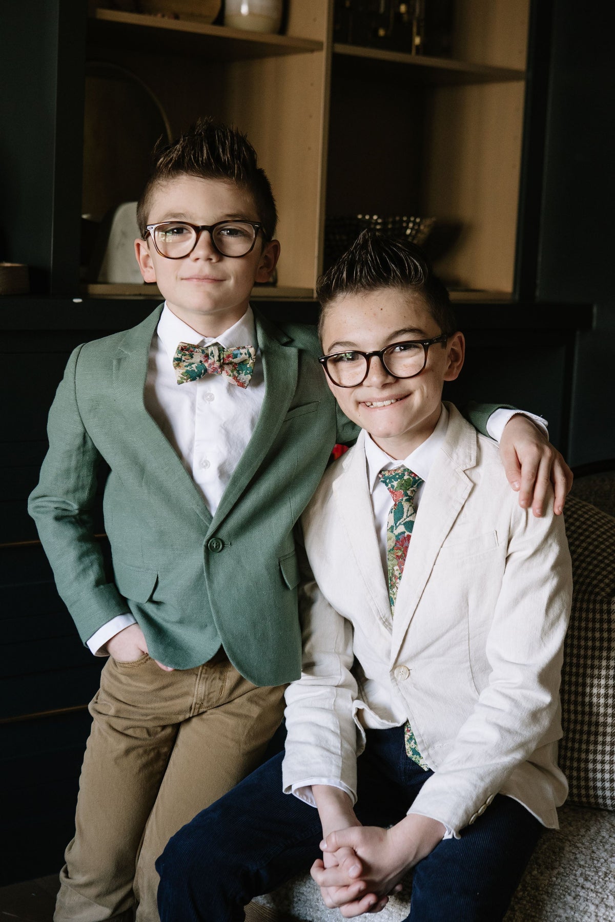 Boys matching bow tie and green floral patchwork necktie
