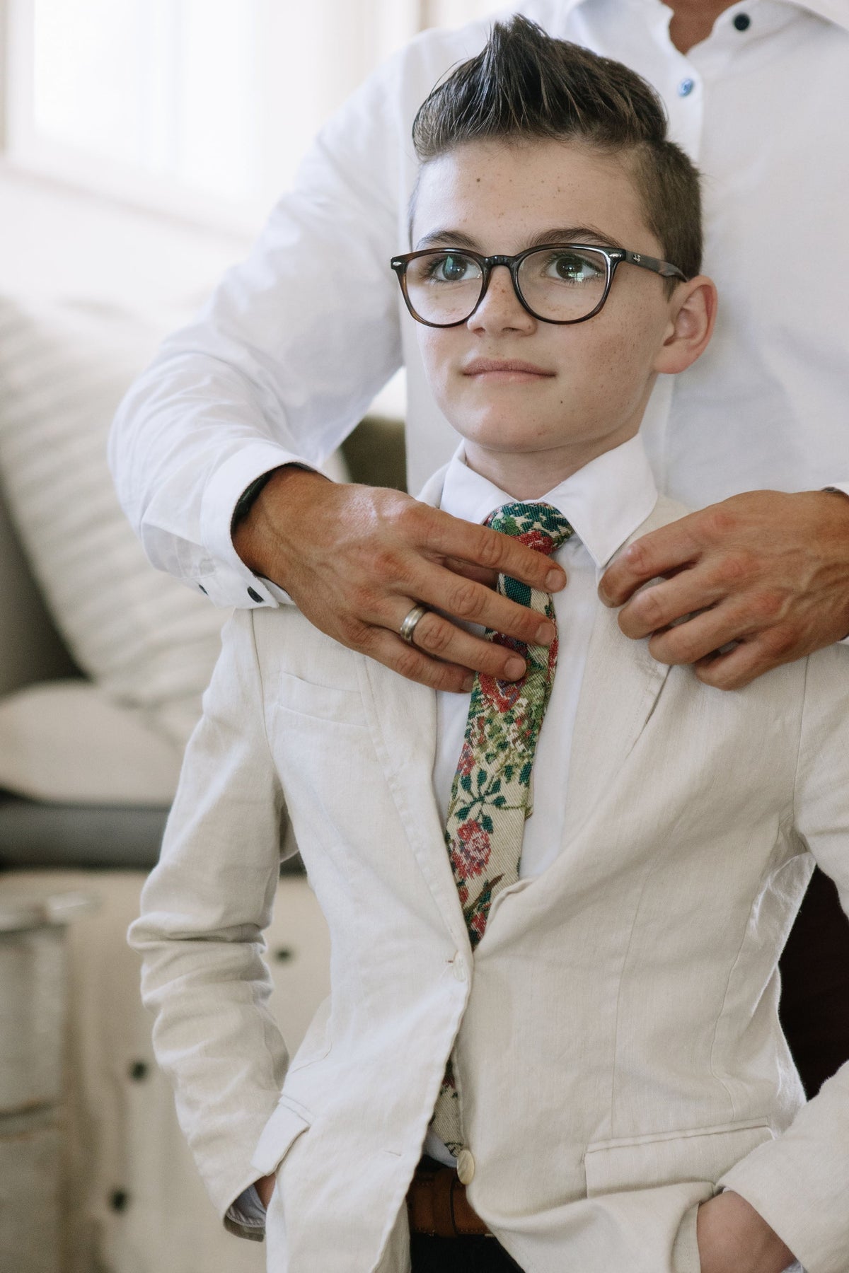 Boys dress shirt with green floral patchwork necktie