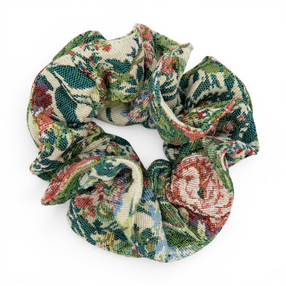 Multicolor plaid fabric hair scrunchie, green, red, and cream