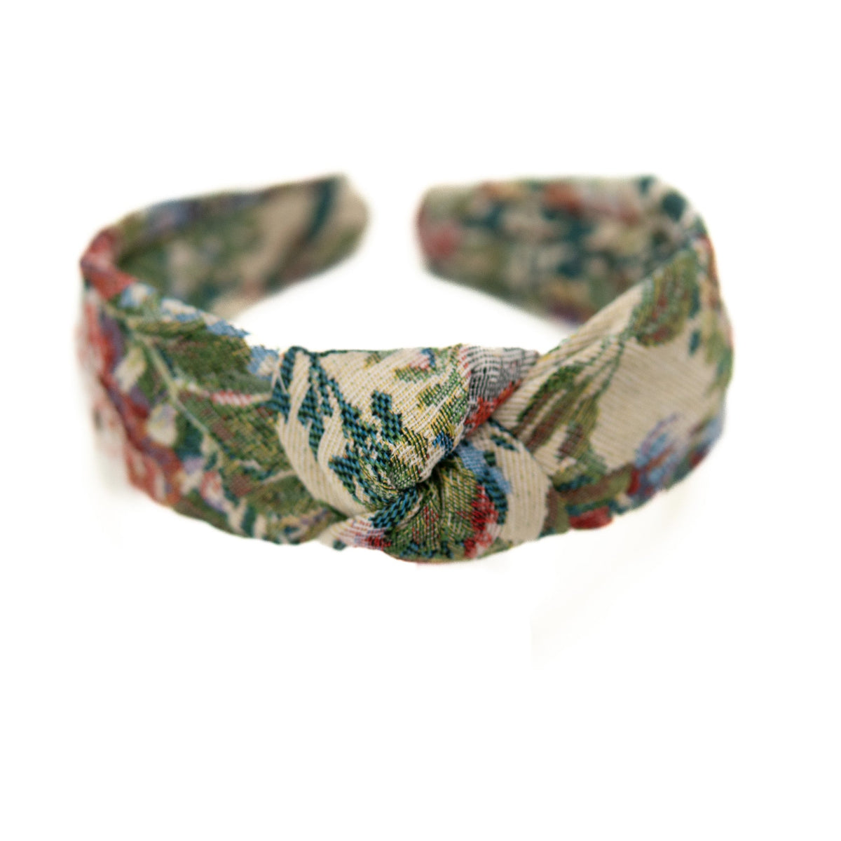 Multicolor knotted fabric headband with wide patchwork floral weave